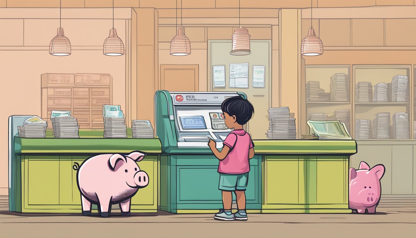 A child depositing money into an OCBC Junior Account at a Singapore branch, with a piggy bank and savings passbook on the counter