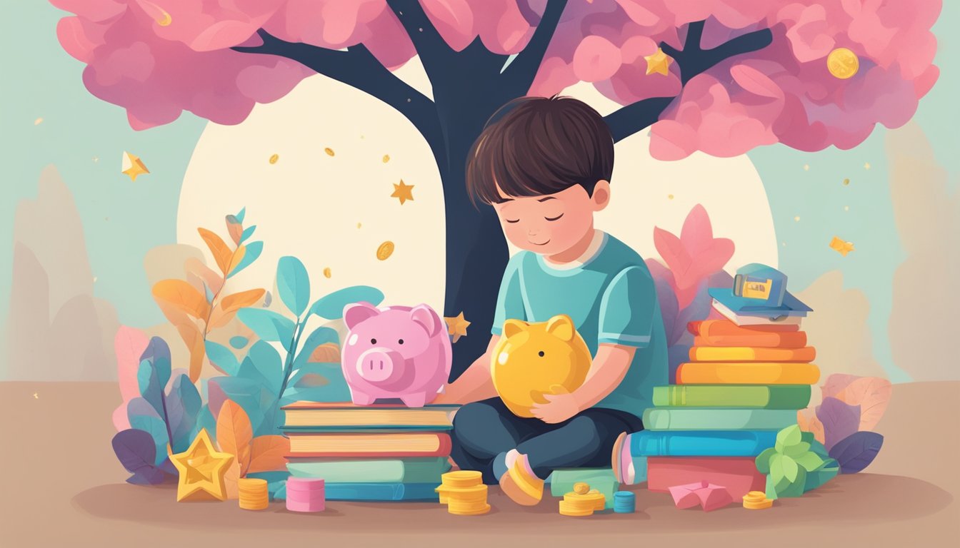 A child holding a colorful piggy bank, surrounded by toys, books, and a small tree with coins hanging from its branches