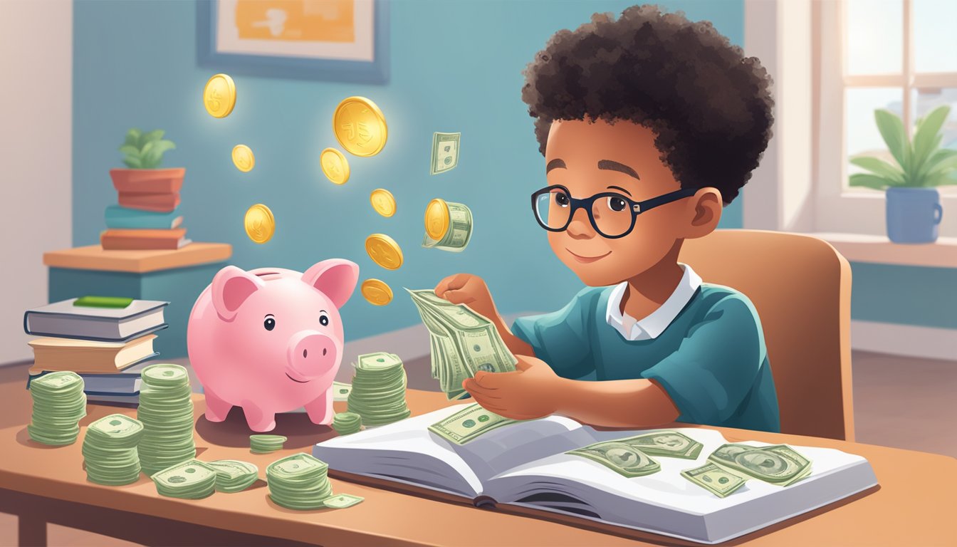 A young child sitting at a desk, counting money in a piggy bank, while a book on financial literacy sits open in front of them. The OCBC Junior Account logo is visible in the background