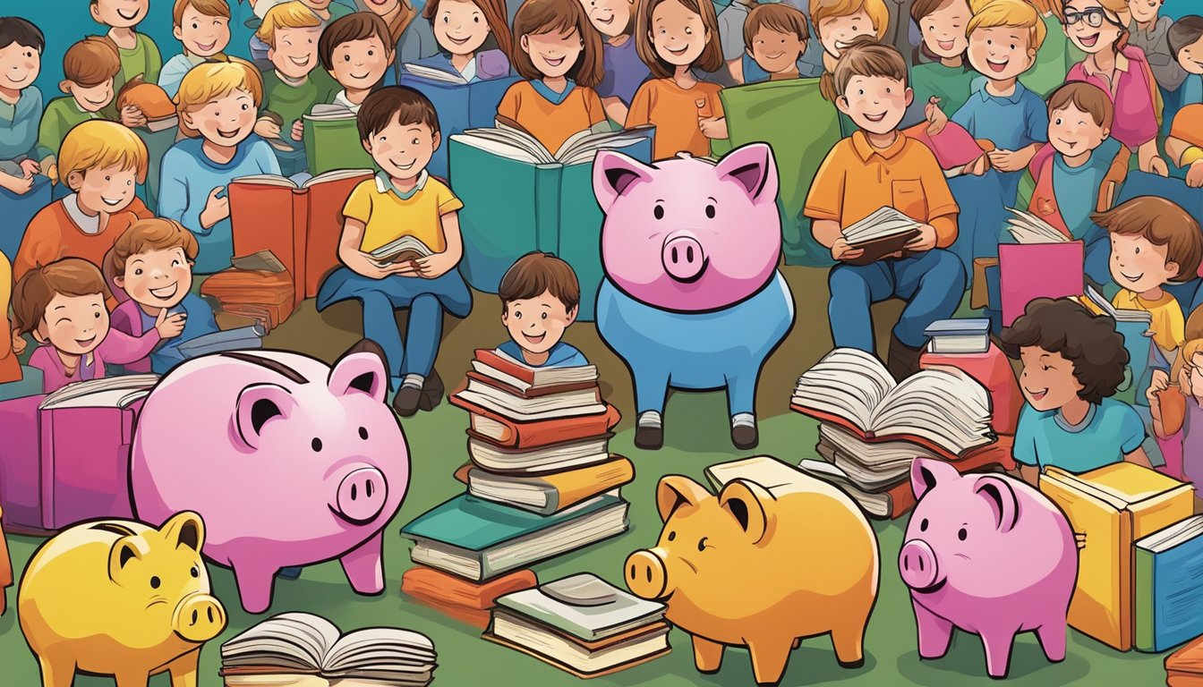 A colorful and vibrant display of children's piggy banks, books, and a friendly mascot, surrounded by curious young minds