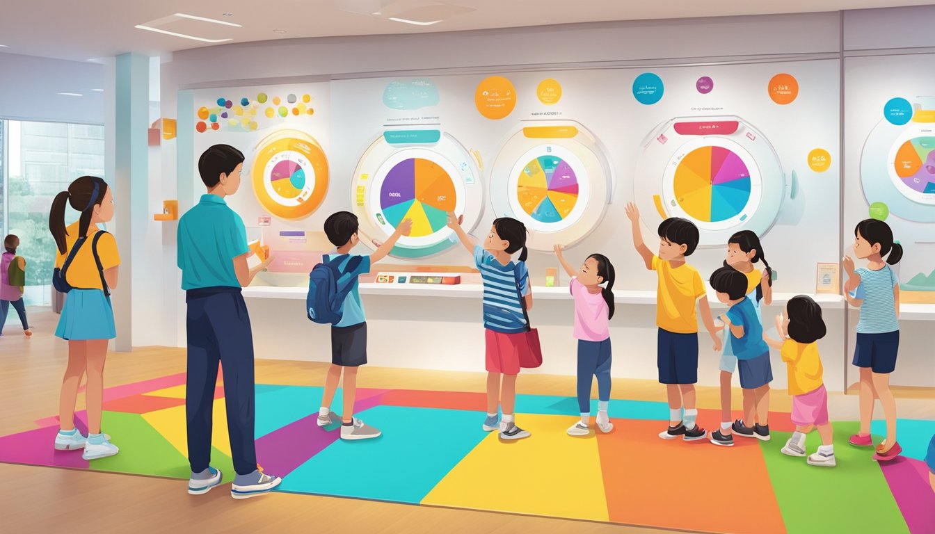 A group of children are gathered around a colorful and interactive display at an OCBC bank branch in Singapore, learning about the benefits of the OCBC kids account