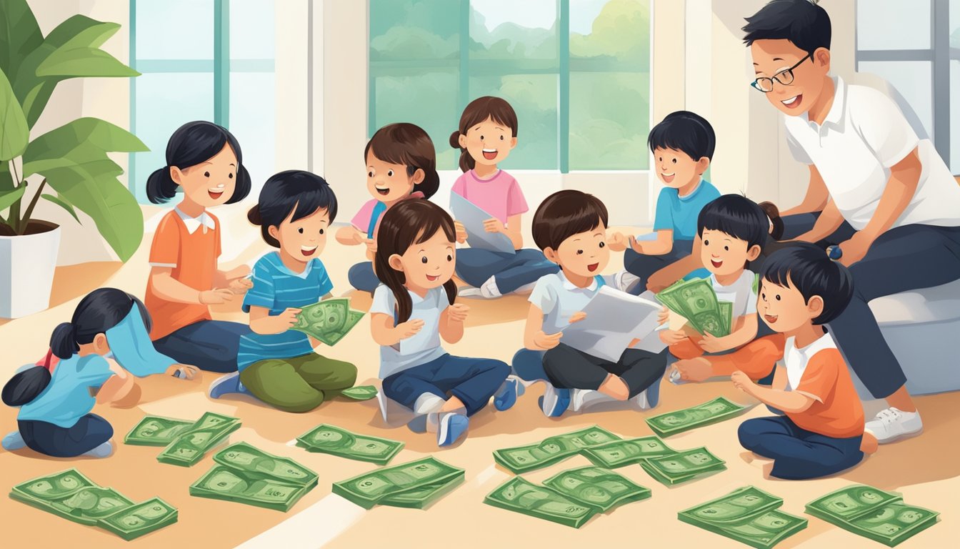 A group of children engaging in fun and educational activities, learning about money management and saving through the OCBC Mighty Savers Programme in Singapore
