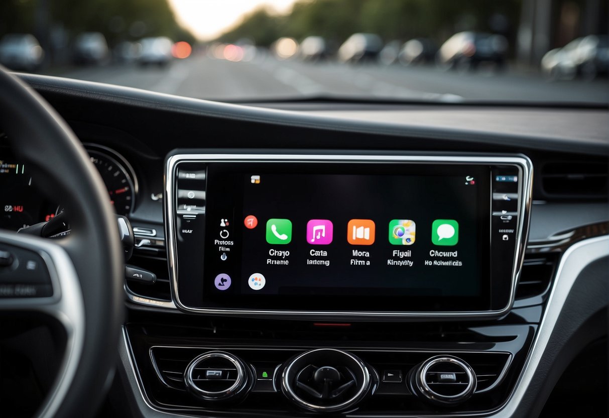 A car dashboard displaying both CarPlay and Android compatibility and support icons