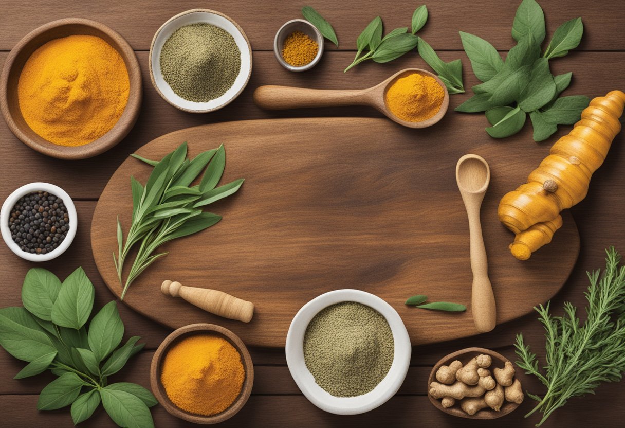 Turmeric, ginger, and black pepper sit together on a wooden cutting board, surrounded by fresh herbs and spices. A mortar and pestle nearby suggests the ingredients are about to be ground and combined
