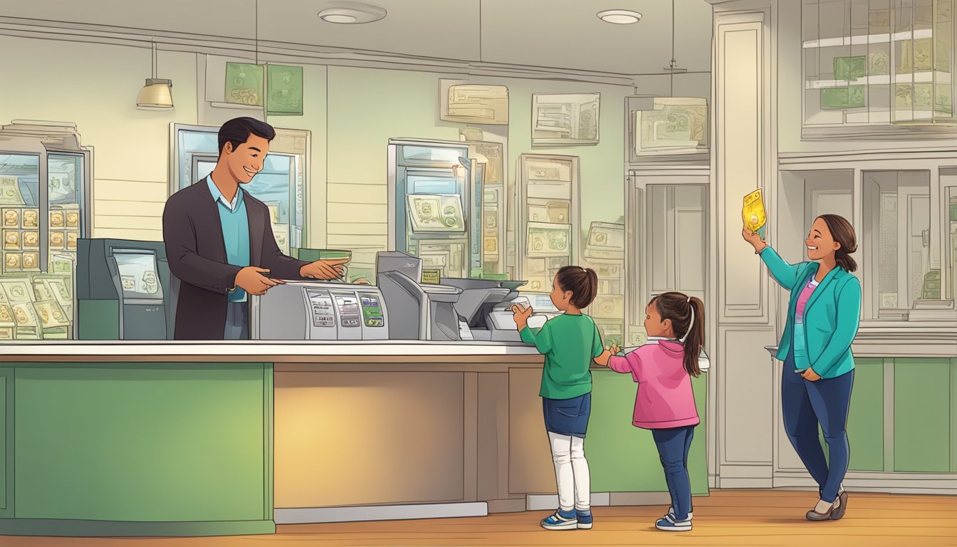 A child eagerly hands over money to a bank teller, while a parent looks on proudly. The bank logo prominently displayed
