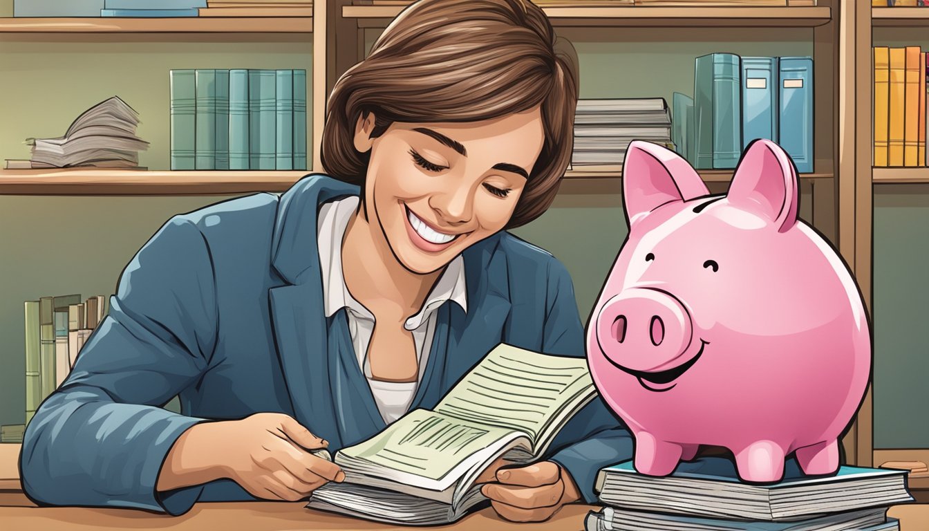 A child happily receives a piggy bank, books, and a toy from a smiling bank teller