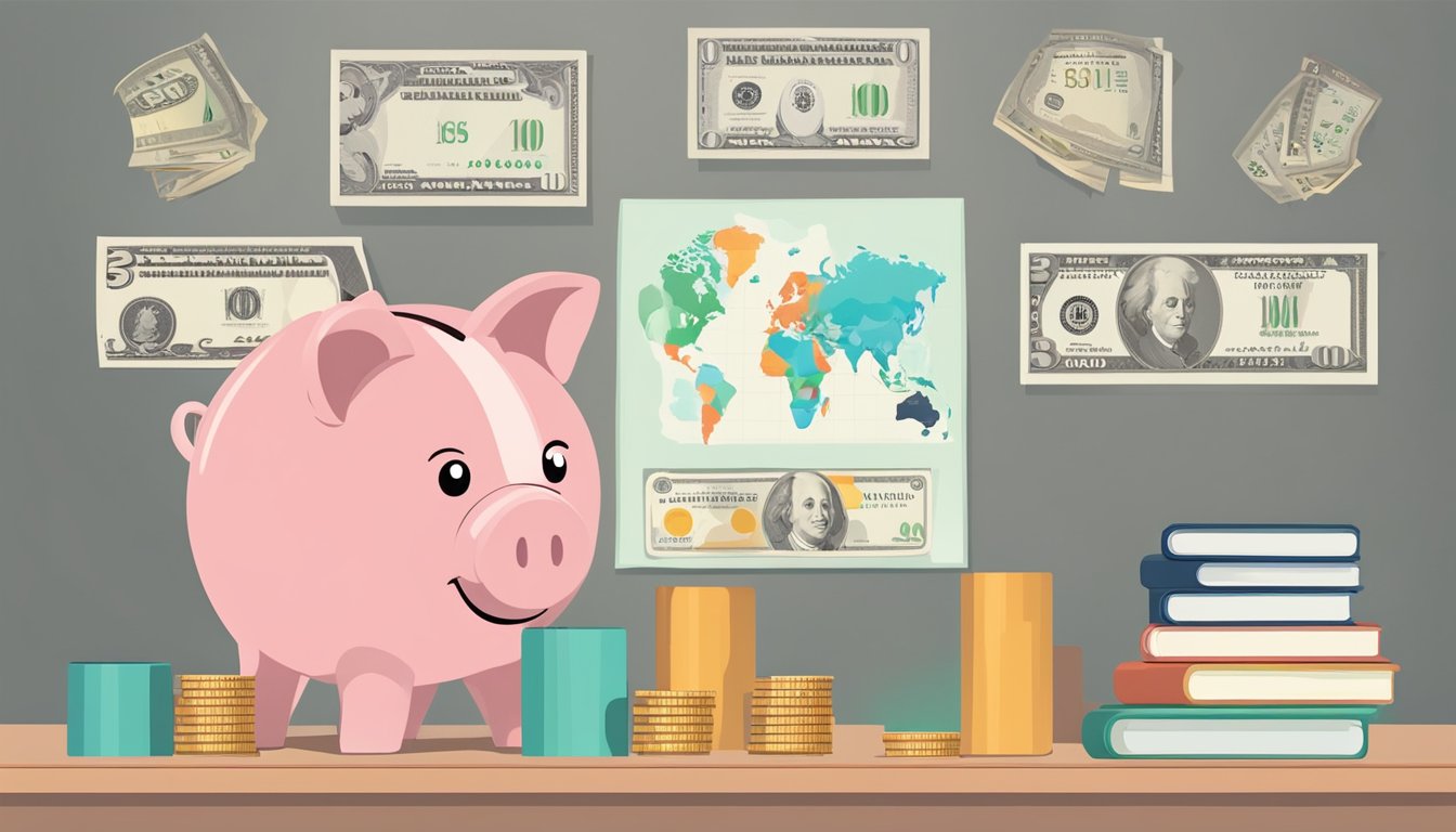 A piggy bank sitting on a child's desk, surrounded by coins and dollar bills. A chart showing savings goals and progress is displayed on the wall