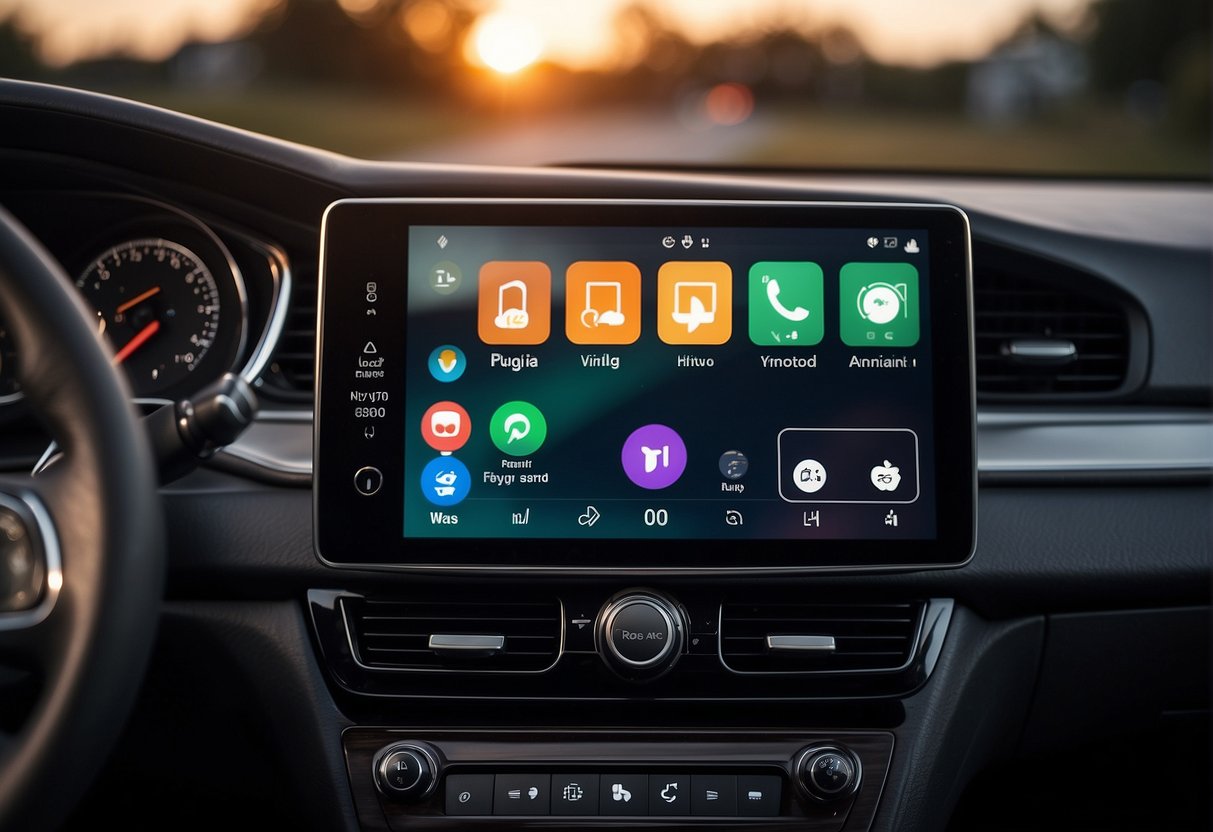 A smartphone screen displaying CarPlay and Android interface with visible app icons and navigation controls