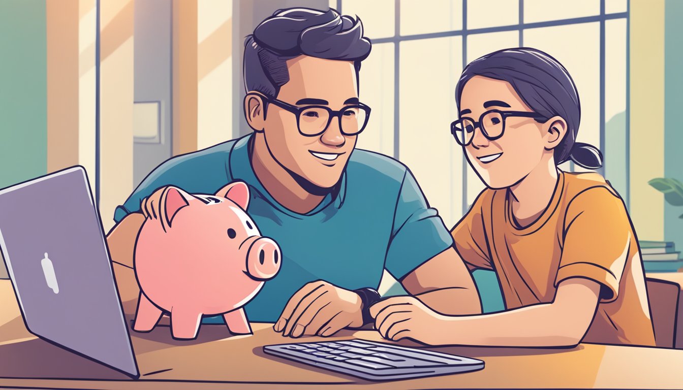 A parent and child sitting at a table, discussing finances. A piggy bank and a stack of coins on the table. A laptop open to OCBC Kids Account website