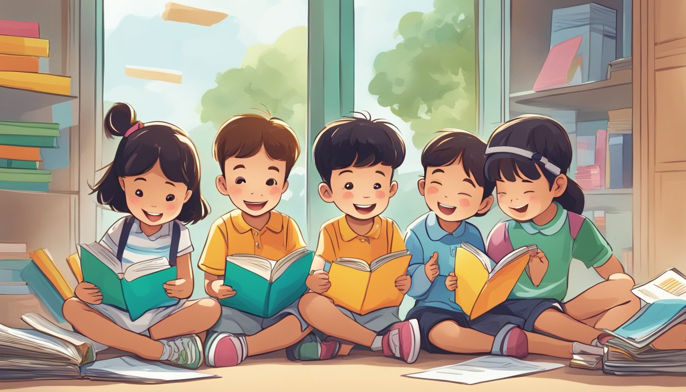 A group of children eagerly reading a colorful pamphlet titled "Frequently Asked Questions OCBC Kids Account Singapore" with excitement and curiosity