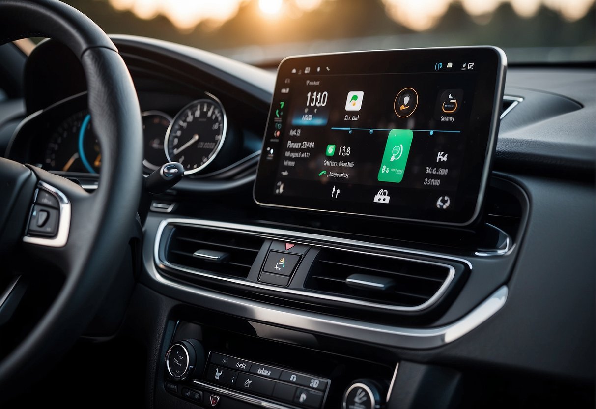 A car dashboard with navigation and communication tools like CarPlay and Android Auto displayed on the screen