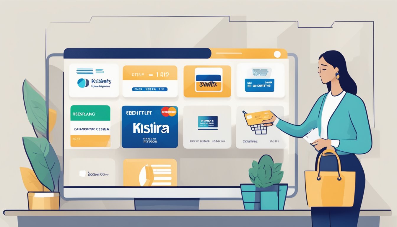 A person swiping a credit card with the KrisFlyer logo, while looking at a screen showing available redemption options