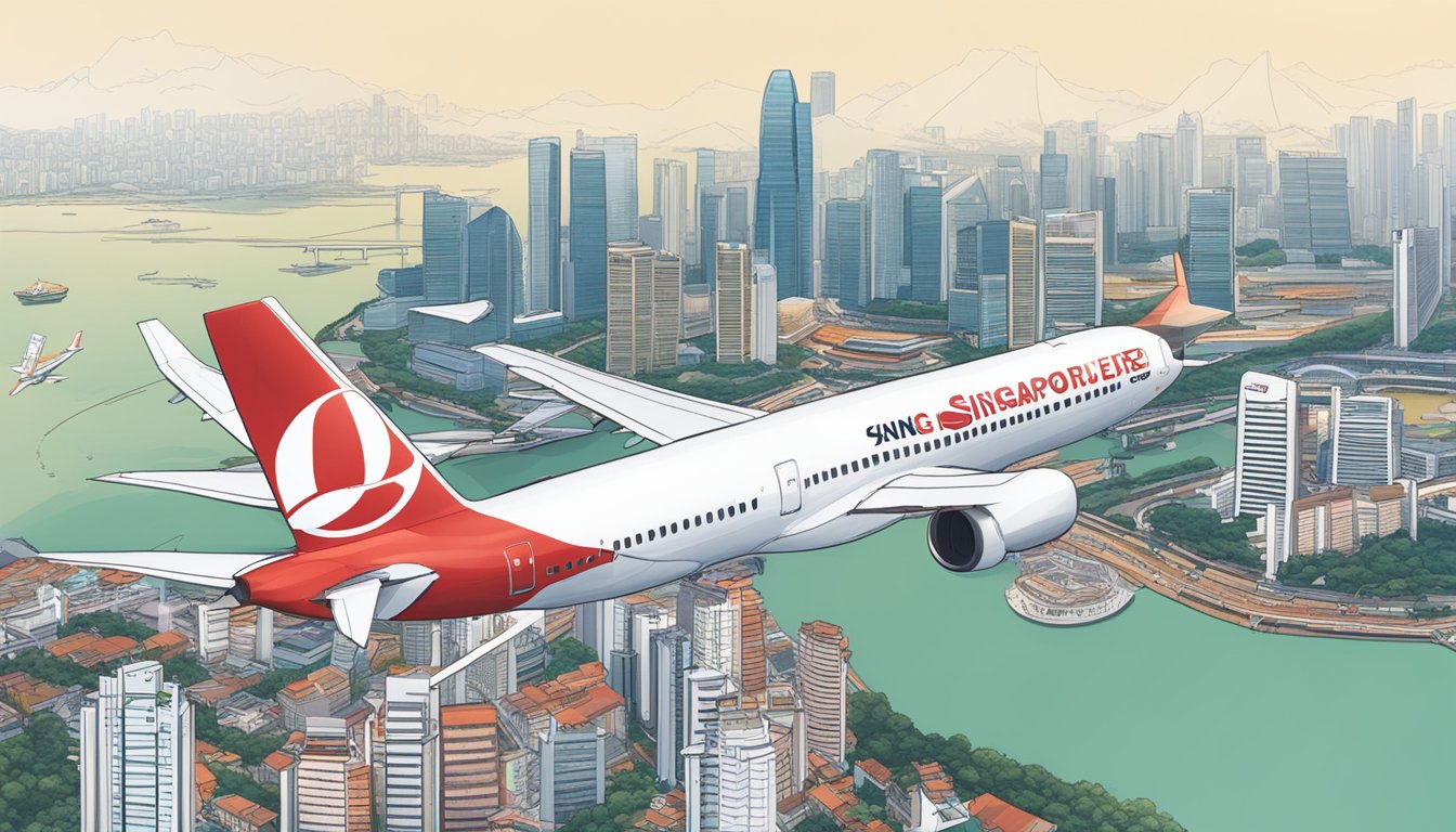 An airplane flying over the iconic Singapore skyline, with the OCBC and KrisFlyer logos prominently displayed