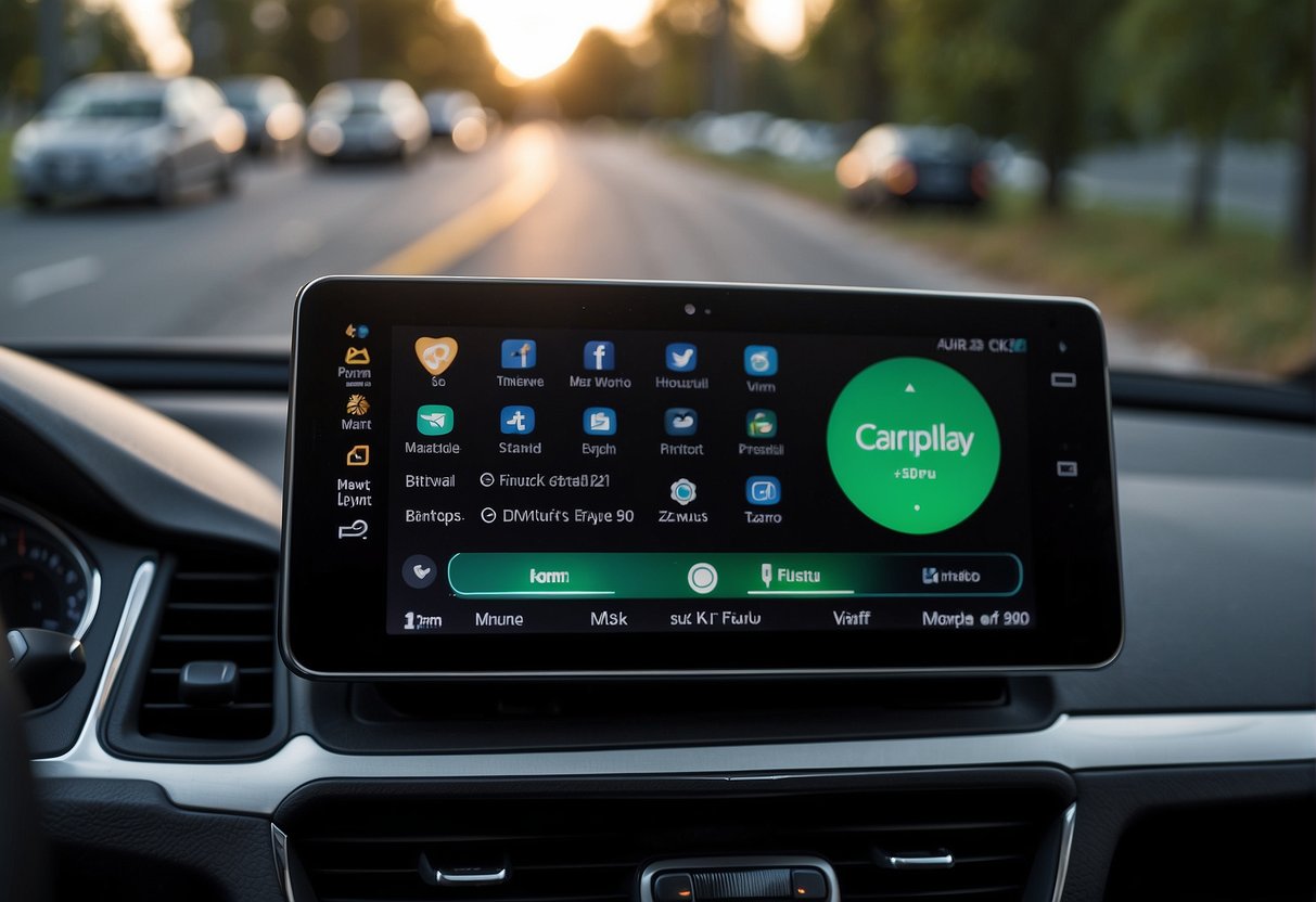 A smartphone with CarPlay and Android Auto displayed on a car dashboard screen