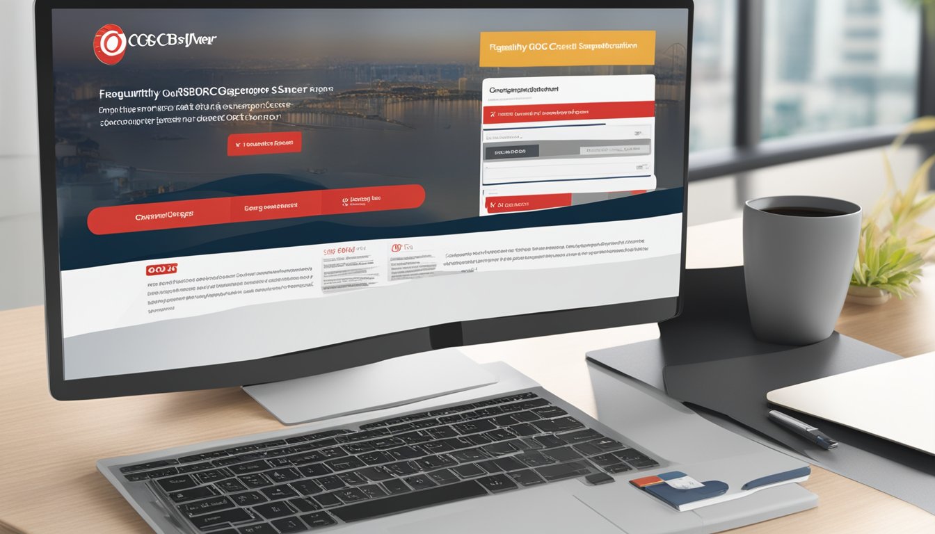 A computer screen displaying the "Frequently Asked Questions OCBC KrisFlyer Redemption Singapore" webpage with the OCBC and KrisFlyer logos visible