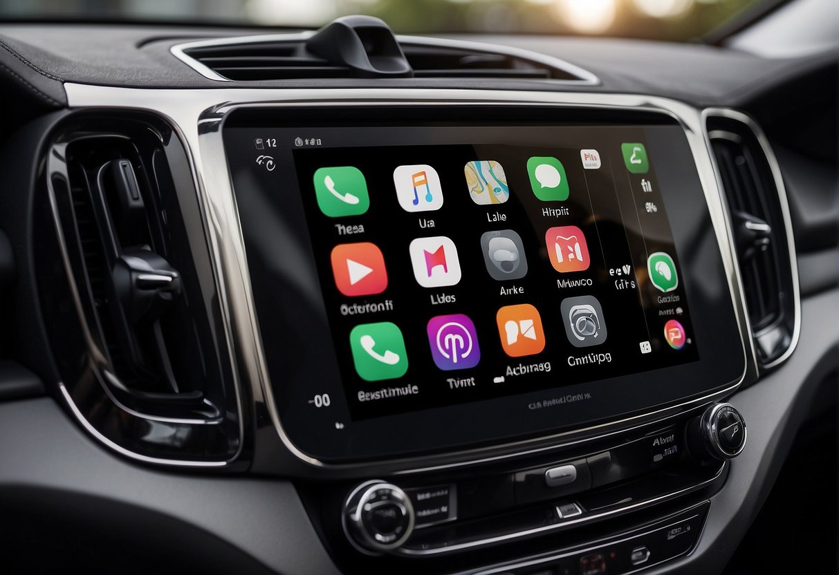 A smartphone with CarPlay and Android Auto icons displayed on a car's touchscreen, with additional features and tips highlighted