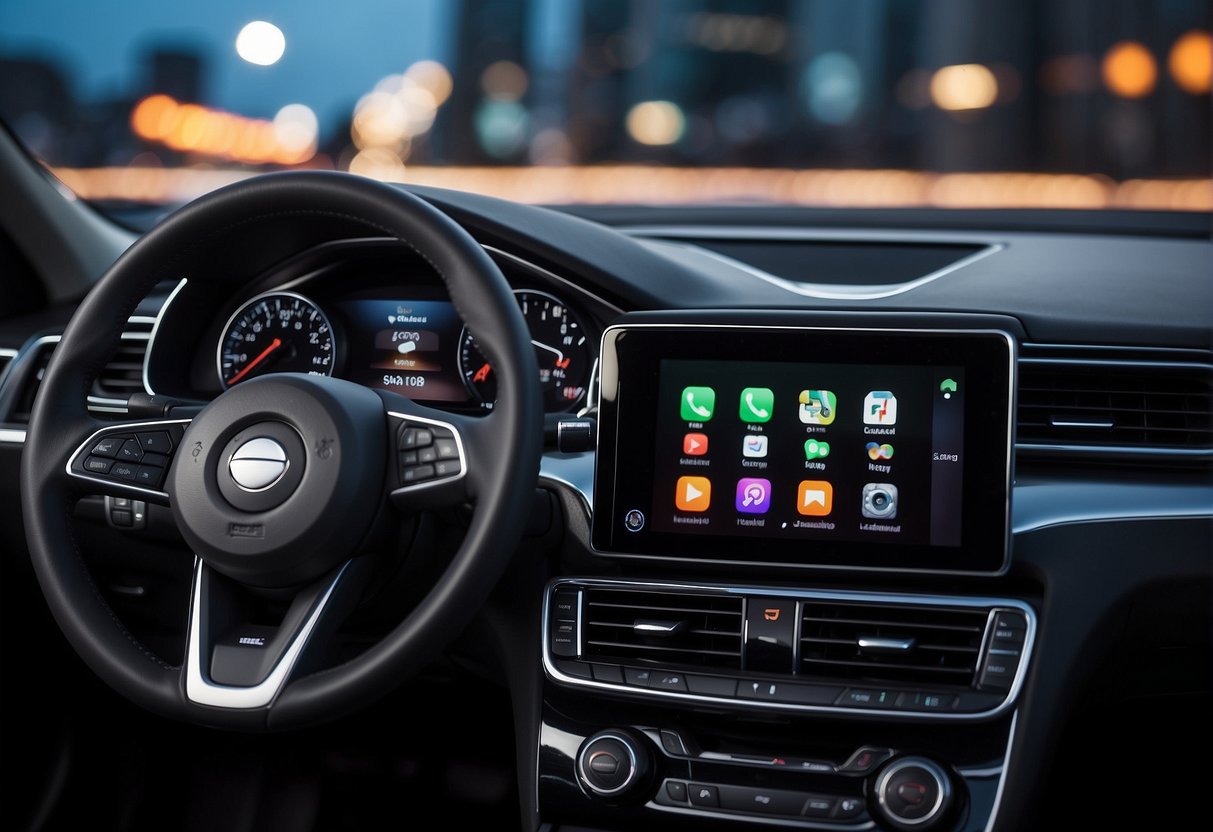A car dashboard displays carplay and android options, with futuristic technology and potential advancements in the background