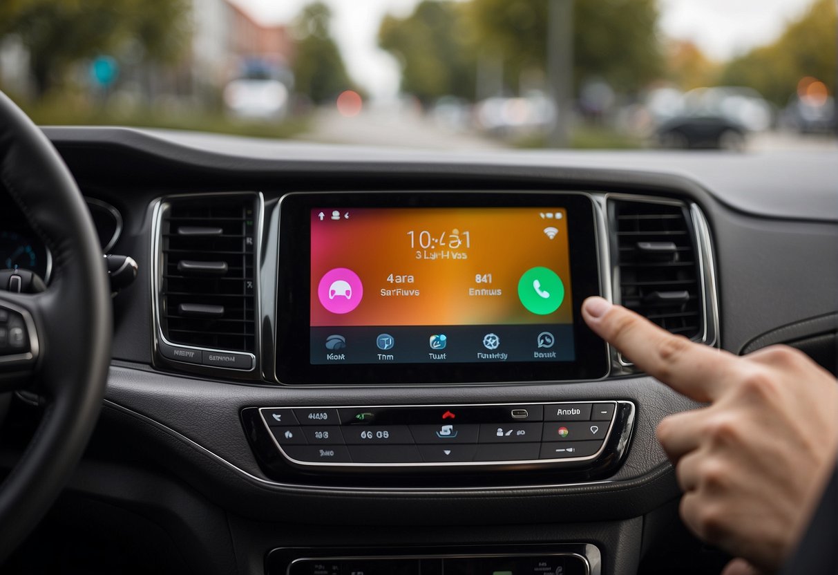 A person connecting their Android phone to a car using CarPlay, troubleshooting and problem-solving any issues that arise