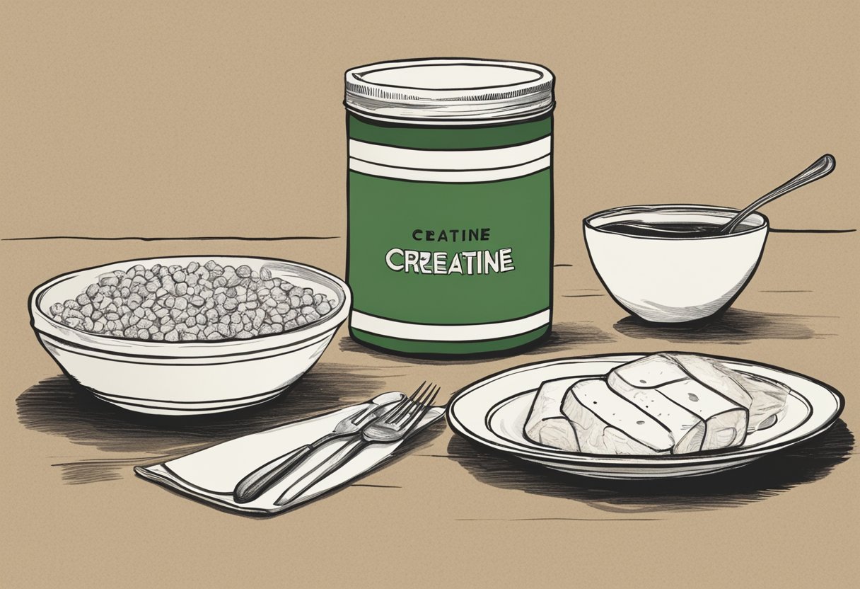 A container of creatine sits next to a plate of food, with an empty plate nearby