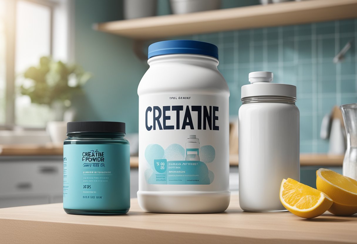 A jar of creatine powder sits next to a shaker bottle and a glass of water on a clean, modern kitchen counter. The label on the jar prominently displays the word "Creatine" in bold lettering