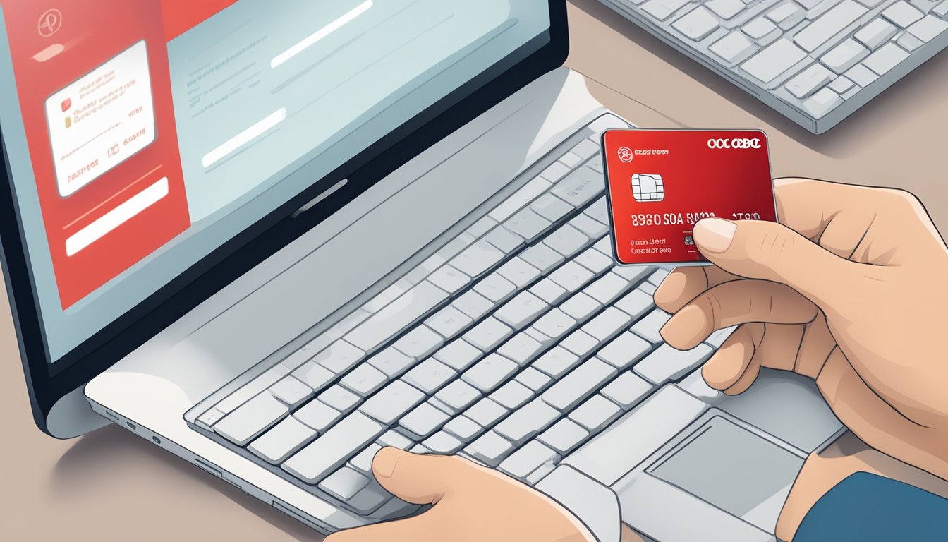 A hand holding an OCBC metal card next to a computer displaying the online application form