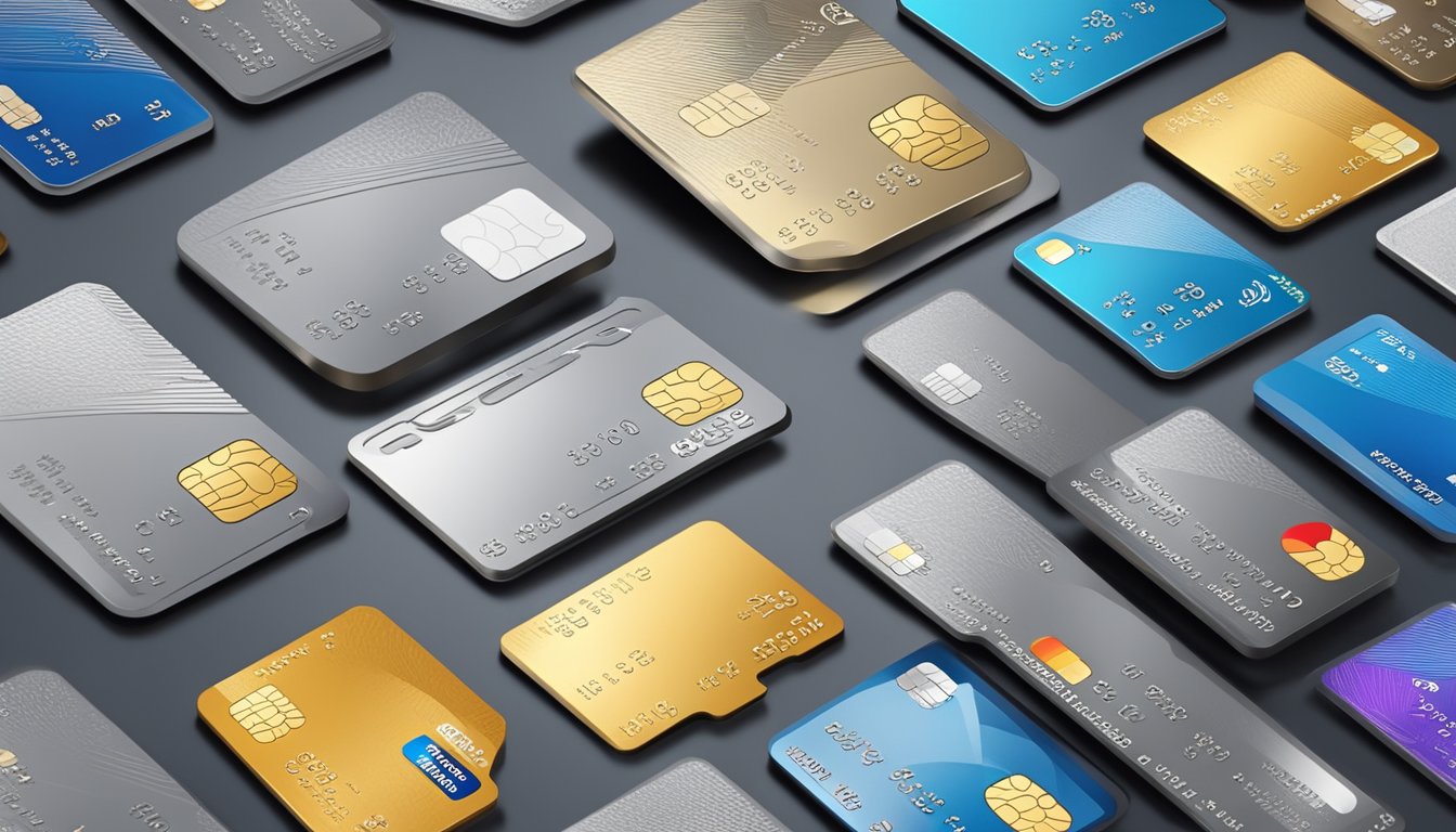 A shiny metal credit card stands out against a backdrop of various credit card designs, symbolizing the options available for consumers in Singapore