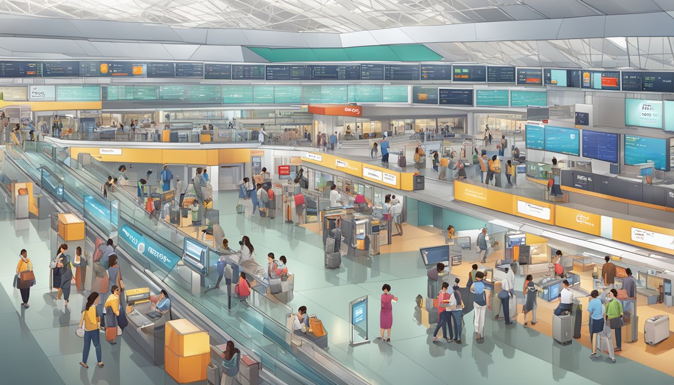 A bustling airport with a prominent OCBC Miles Redemption counter, travelers exchanging points for rewards, and staff assisting customers