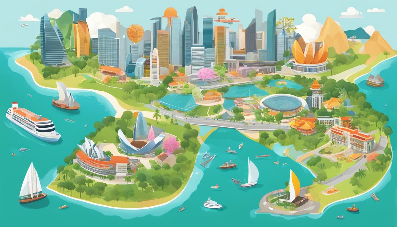 A colorful map of Singapore with prominent landmarks and the OCBC Miles logo, surrounded by various travel and lifestyle rewards