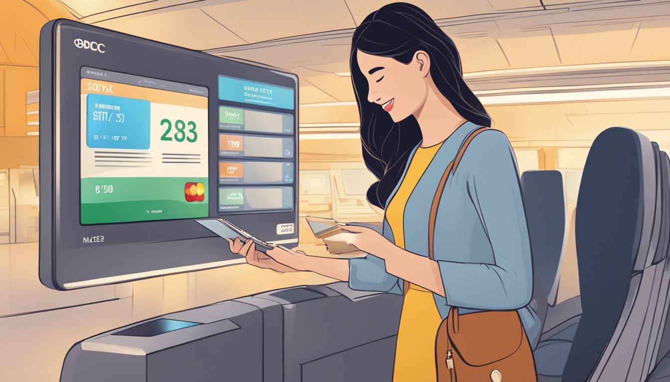 A woman swipes her OCBC credit card to redeem miles for a flight. The card glows as she selects her destination on the screen