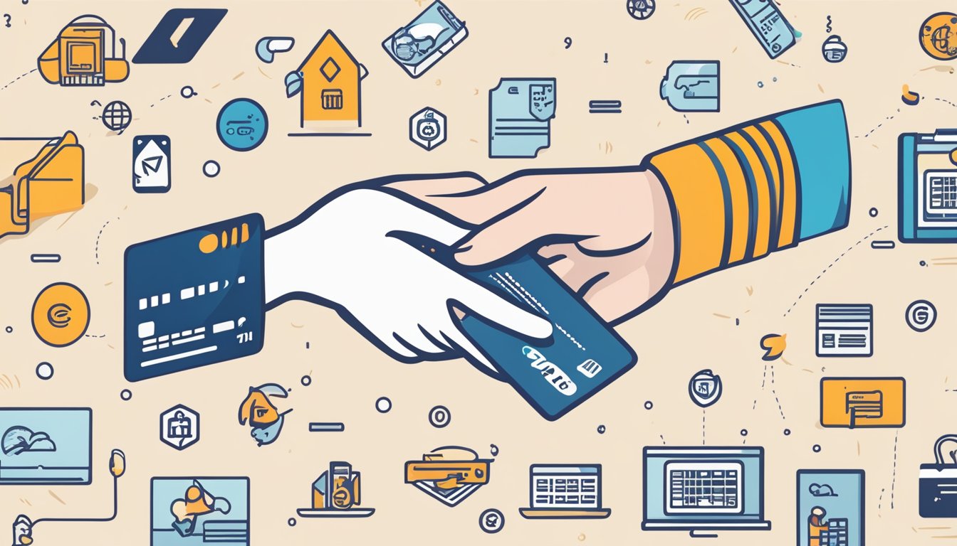 A hand reaching for a credit card with the OCBC logo, surrounded by icons representing various perks and partnership rewards