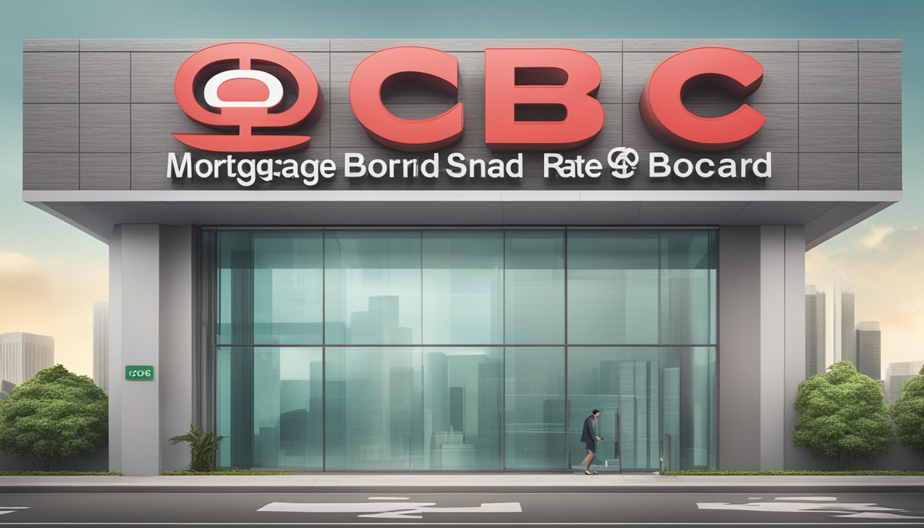 A large, modern sign displaying "OCBC Mortgage Board Rate Singapore" in bold lettering against a clean, professional background