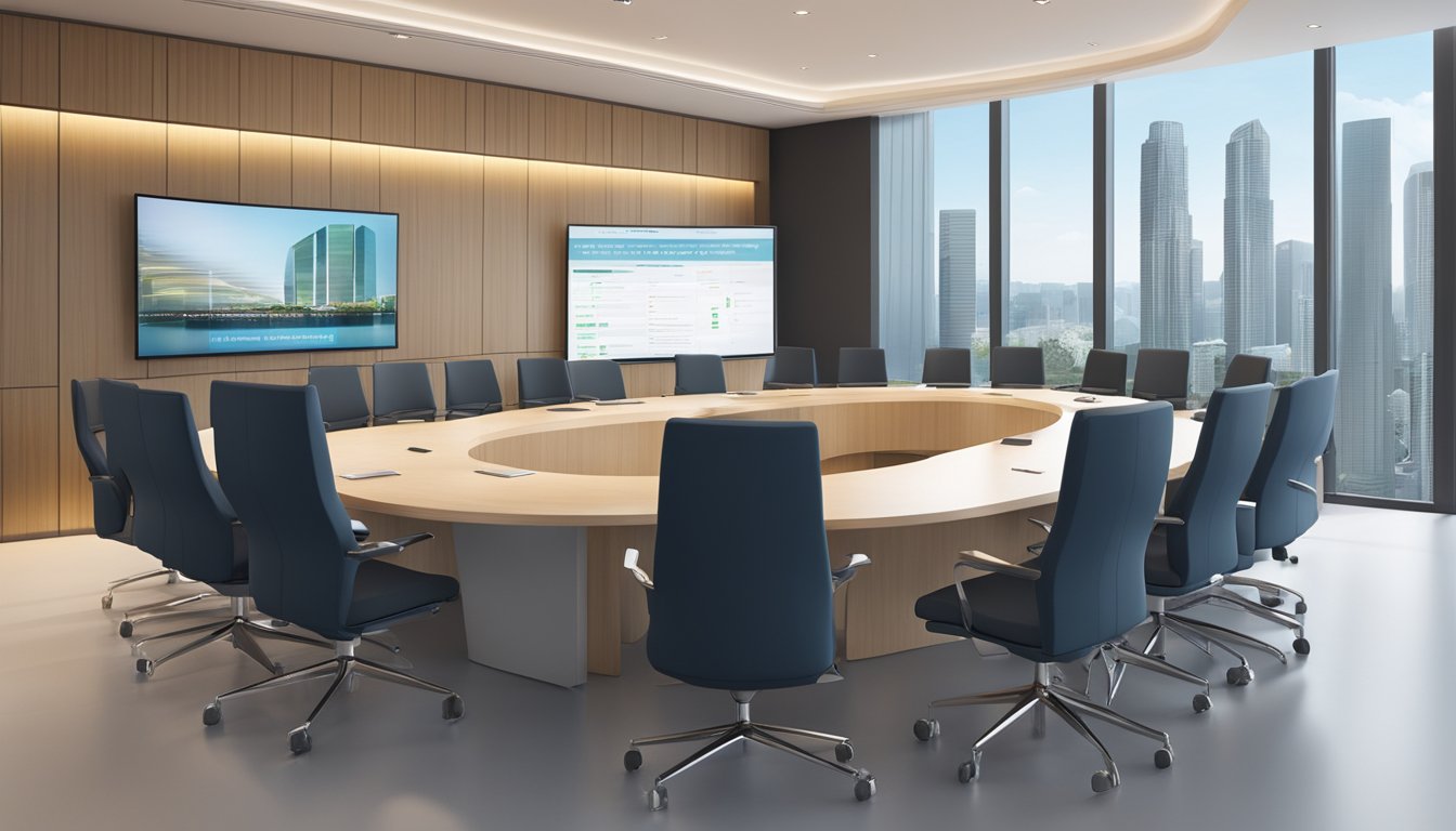 An elegant, modern boardroom with a large display screen showing the frequently asked questions about OCBC mortgage board rates in Singapore