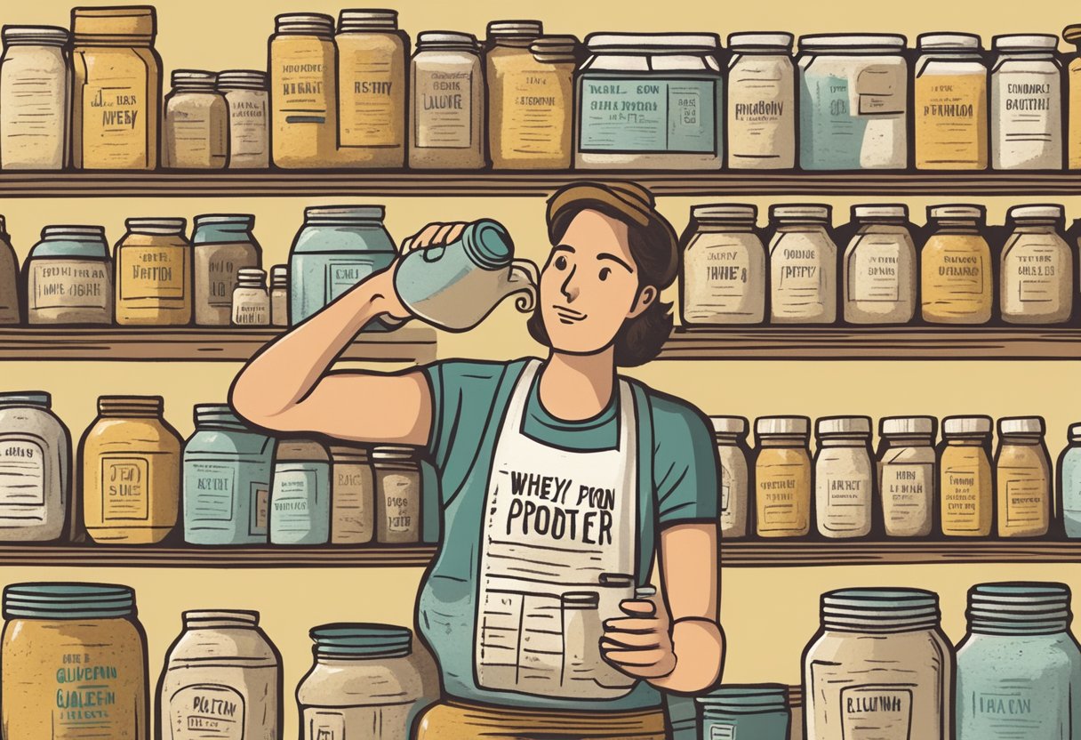 A person holding a container of whey protein powder and reading the label for gluten ingredients