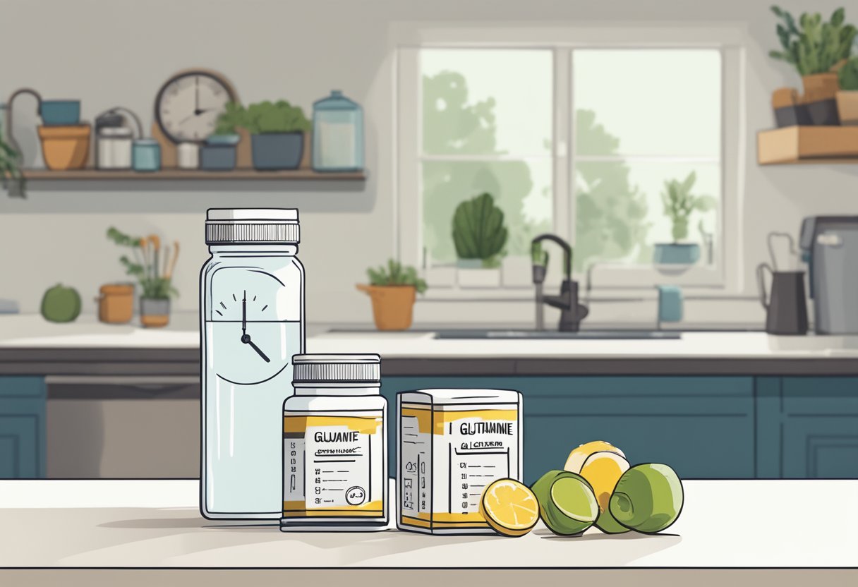L-glutamine supplements sit on a clean, well-lit kitchen counter next to a glass of water and a clock displaying the optimal time to take them