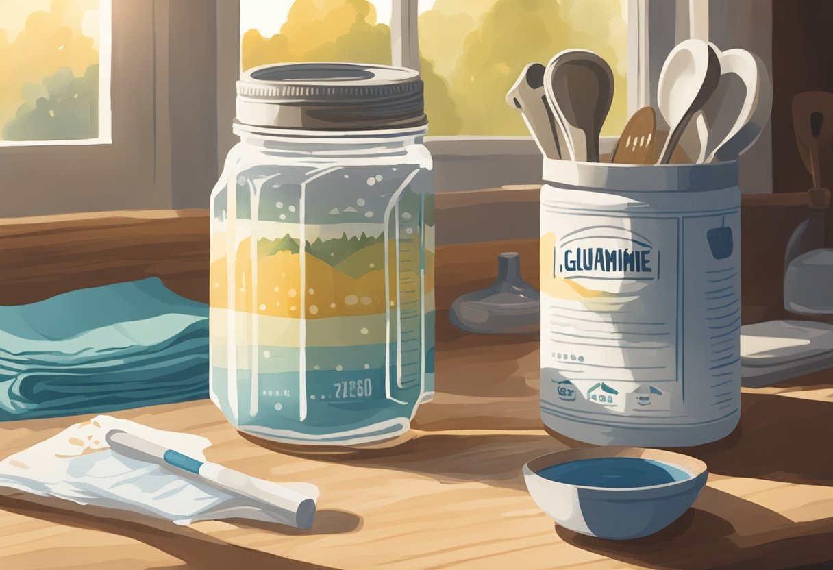 A jar of L-Glutamine powder sits on a kitchen counter, next to a glass of water and a measuring spoon. The morning sunlight streams in through the window, casting a warm glow over the scene