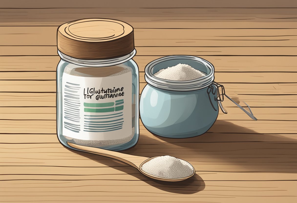 A clear glass jar filled with L-Glutamine powder sits on a wooden table next to a small spoon. The label on the jar reads "L-Glutamine for Gut Health."