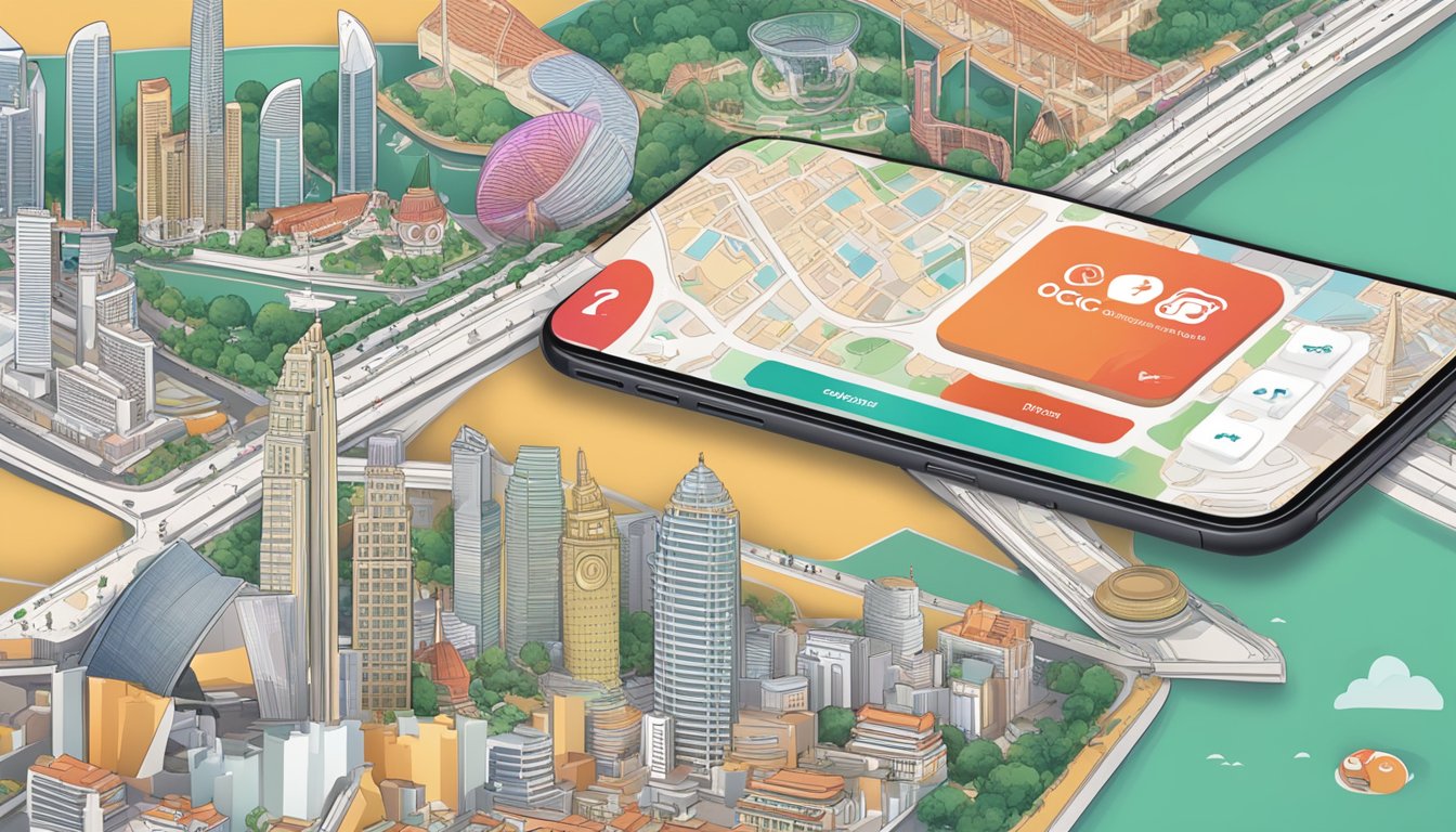 A smartphone with the OCBC PayLah app open, displaying the Frequently Asked Questions page, set against a backdrop of iconic Singapore landmarks