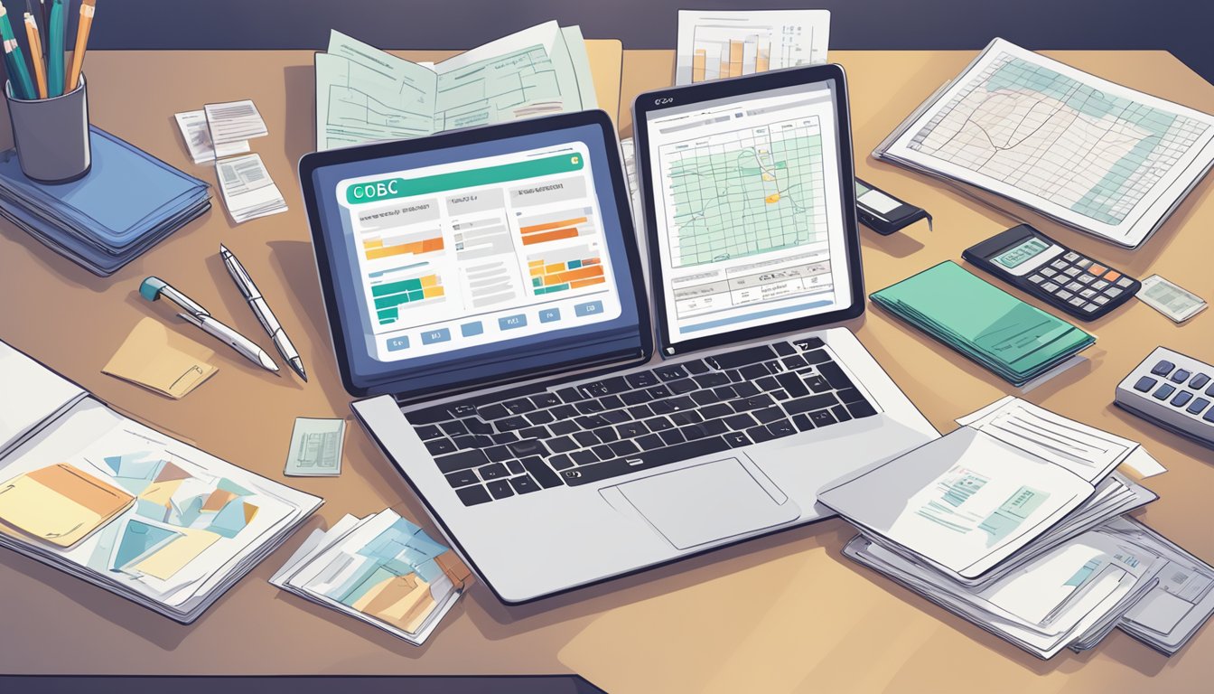 A laptop displaying the OCBC personal loan calculator, surrounded by financial documents and a pen
