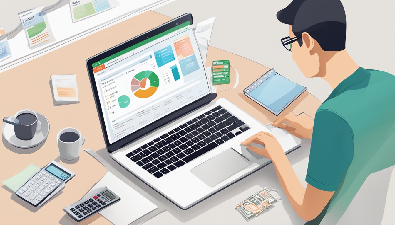 A person using a laptop to access the OCBC personal loan calculator, with various loan options displayed on the screen