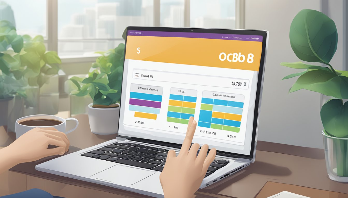 The OCBC Personal Loan Calculator displays on a computer screen, with a keyboard nearby. The calculator interface shows fields for entering loan amount, interest rate, and loan tenure