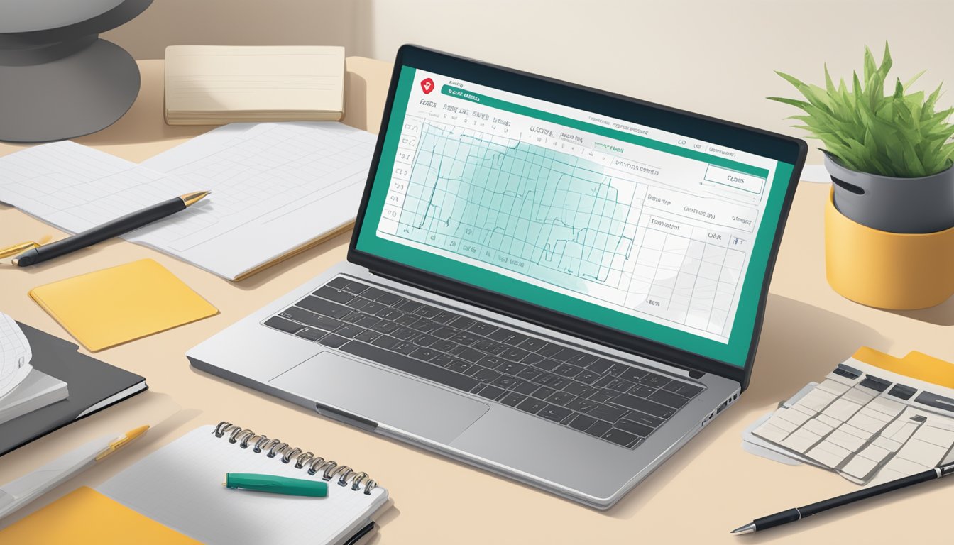 A laptop displaying the OCBC personal loan calculator with a pen and notepad next to it on a desk