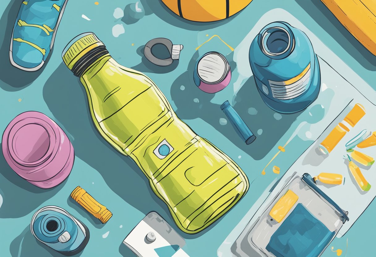 A water bottle and a sports drink on a gym floor, surrounded by exercise equipment