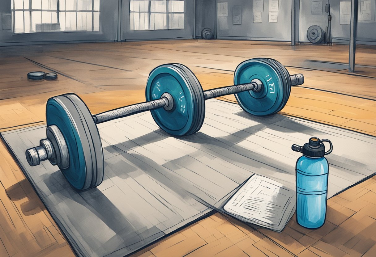 A weightlifting bar with plates, a water bottle, and a stopwatch on a gym floor