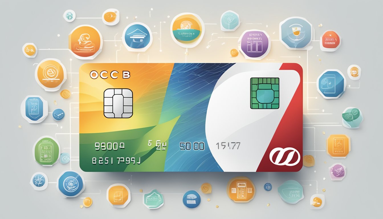A sleek, modern credit card with the OCBC logo prominently displayed, surrounded by icons representing various benefits and features such as cashback, rewards, and exclusive privileges