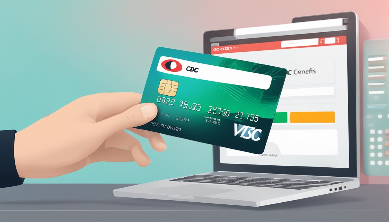 A hand holding an OCBC Plus Credit Card, with a computer screen showing the OCBC website in the background