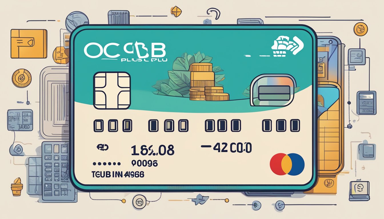 A credit card with "OCBC Plus" logo surrounded by various fees and charges icons