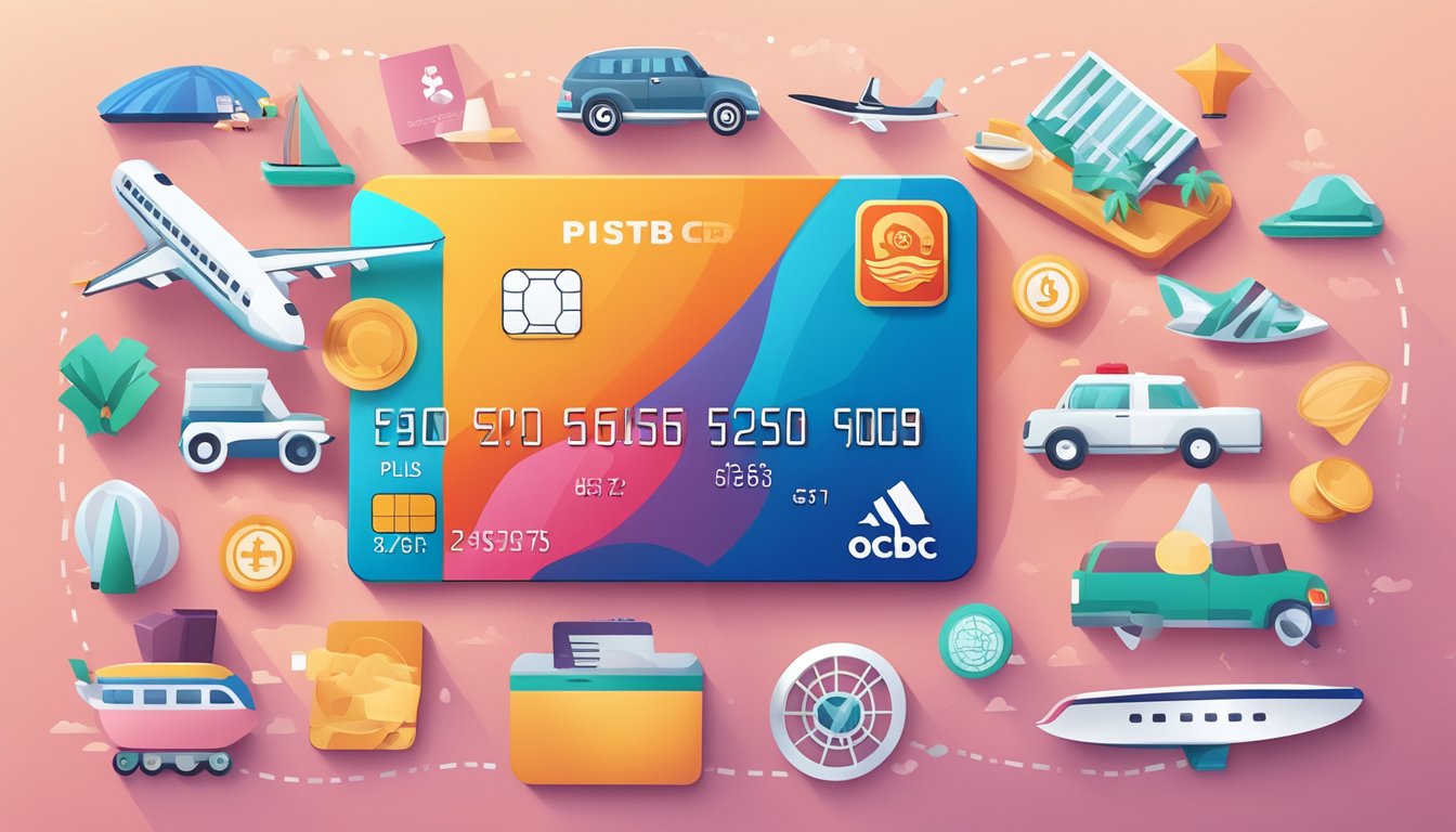 A sleek credit card surrounded by icons of travel, dining, shopping, and entertainment, with a spotlight on the "OCBC Plus" logo