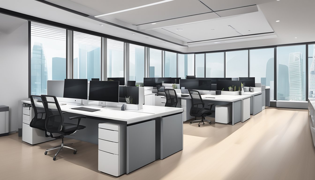 A modern, sleek office space with the OCBC Premier Singapore logo prominently displayed. Clean lines, sophisticated colors, and a professional atmosphere