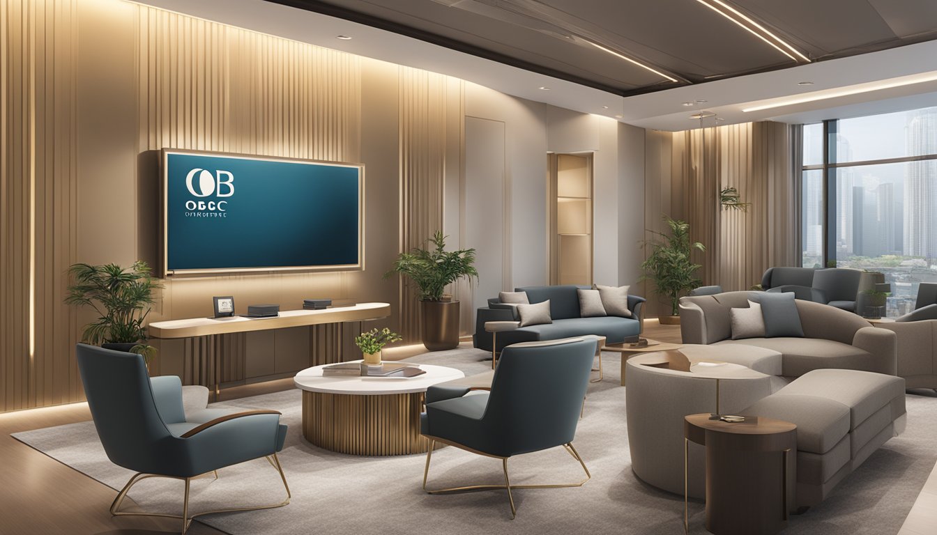 A luxurious office setting with sleek, modern furniture and sophisticated decor, featuring the OCBC Premier Banking logo prominently displayed