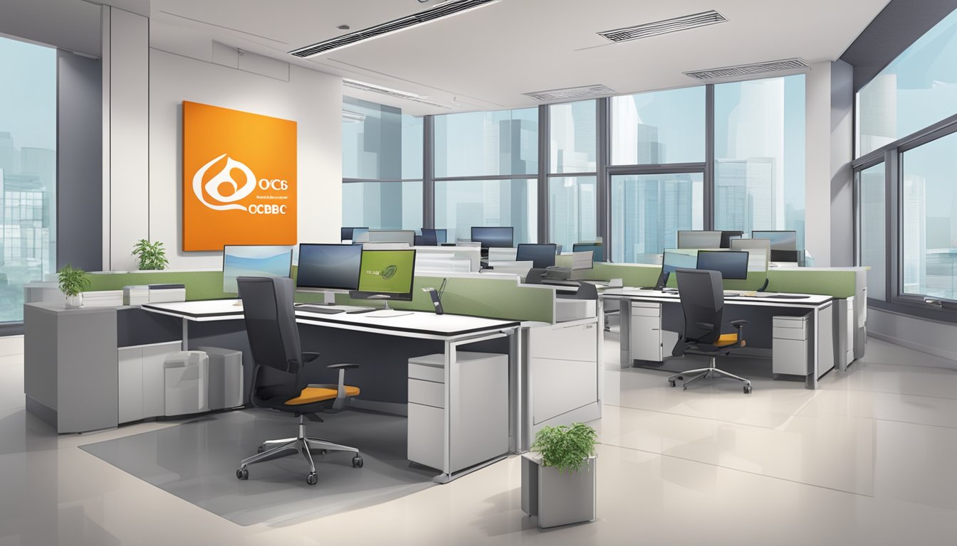 A modern office with sleek furniture and high-tech equipment, displaying the logo "OCBC Premier" prominently